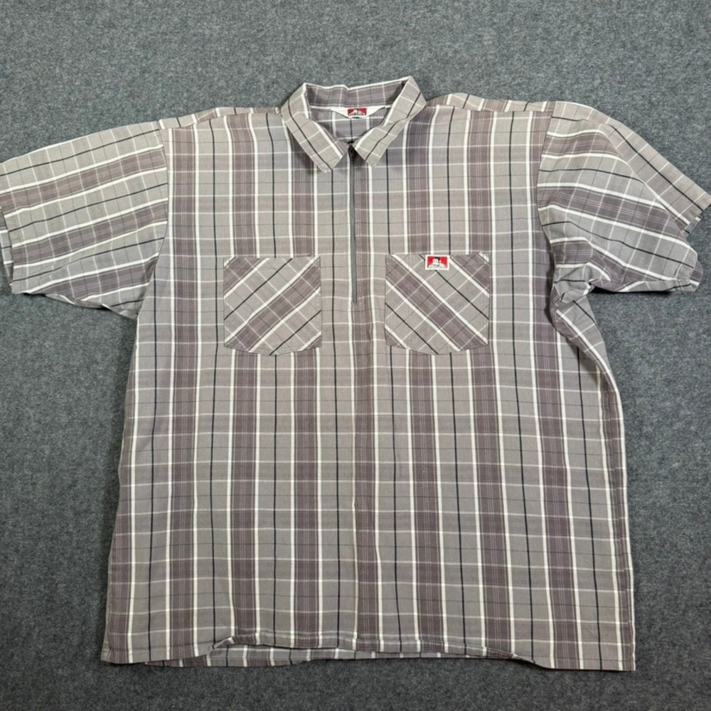 VTG Ben Davis Mens 2XL Plaid Quarter Zip Short Sleeve Work Shirt Grey Made USA
